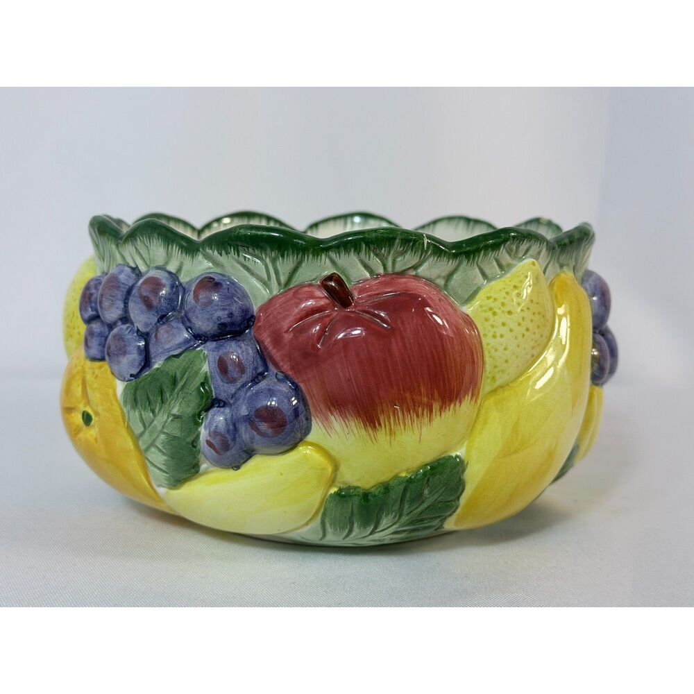 VTG 1980s Fitz Floyd Fruit Basket Calypso Majolica Bowl Grapes Apple Country